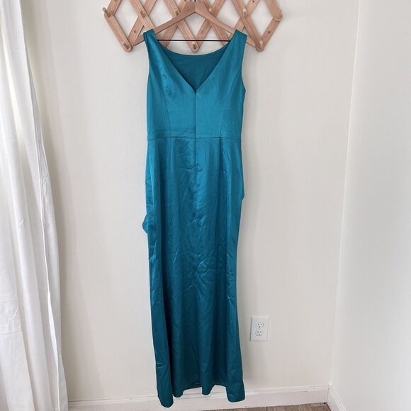 Eliza J Ruffle Satin Jade Green Mermaid Gown Size 10 - Picture 6 of 10